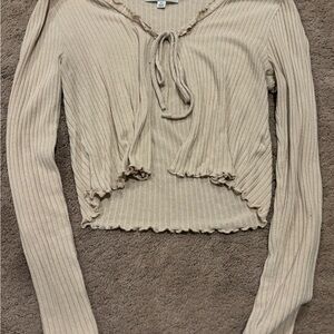 Gaze Cream Ribbed Tie-Front Crop Top